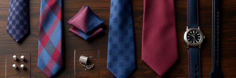Collection d'accessoires masculins élégants: cravates, pochettes, boutons de manchette, montres sur une surface en bois.