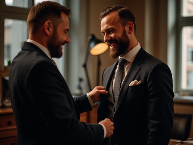 Tailleur ajustant une veste demi-mesure sur un client souriant dans un atelier lumineux.