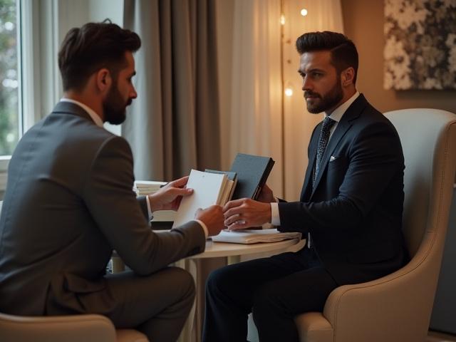 Consultant de style discutant avec un client dans un salon élégant, affichant des échantillons de tissu et un tableau d'ambiance.